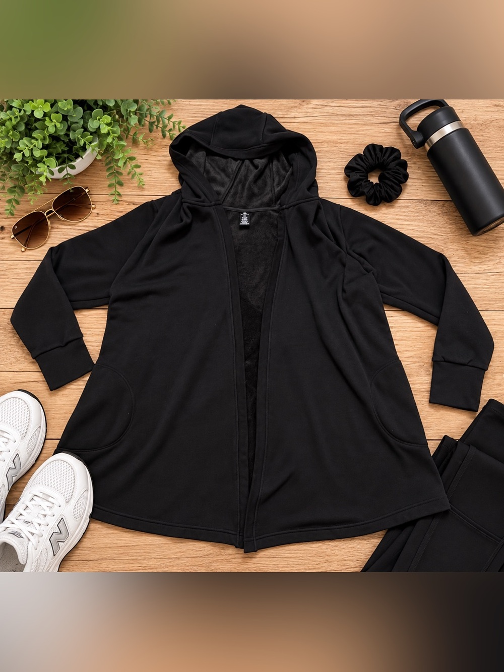 Active Life Black Hooded Open Front Cardigan Lightweight Longline Jacket